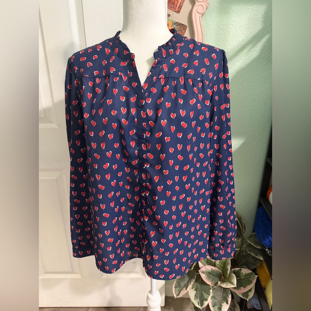 Chadwicks Navy Button-Front Blouse with Red Heart Print